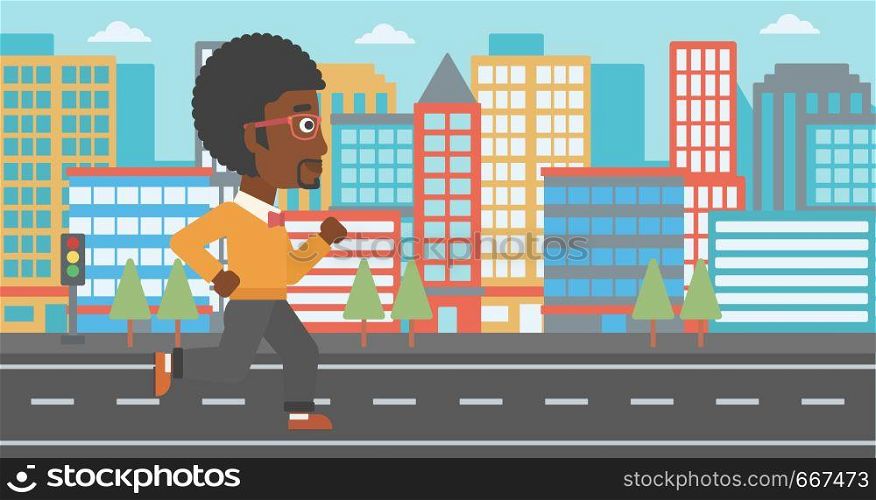 An african-american man jogging on a city background vector flat design illustration. Horizontal layout.. Sportive man jogging.