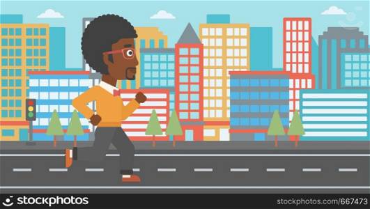 An african-american man jogging on a city background vector flat design illustration. Horizontal layout.. Sportive man jogging.