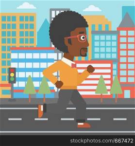 An african-american man jogging on a city background vector flat design illustration. Square layout.. Sportive man jogging.