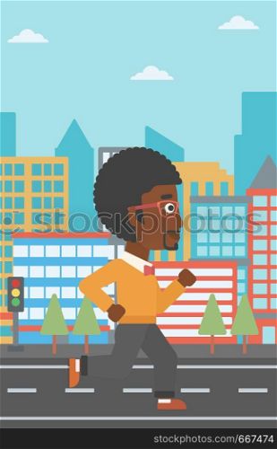 An african-american man jogging on a city background vector flat design illustration. Vertical layout.. Sportive man jogging.