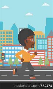 An african-american man jogging on a city background vector flat design illustration. Vertical layout.. Sportive man jogging.