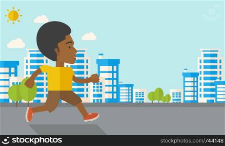 An african-american man jogging on street vector flat design illustration. Lifestyle concept. Horizontal layout with a text space.. Jogger.