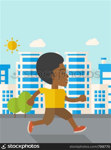 An african-american man jogging on street vector flat design illustration. Lifestyle concept. Vertical layout with a text space.. Jogger.