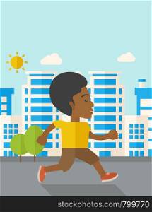 An african-american man jogging on street vector flat design illustration. Lifestyle concept. Vertical layout with a text space.. Jogger.