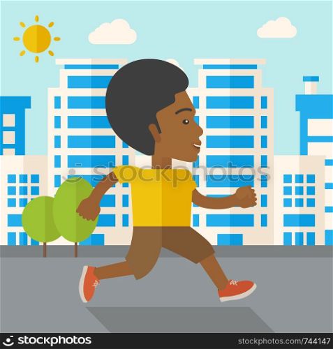 An african-american man jogging on street vector flat design illustration. Lifestyle concept. Square layout.. Jogger.