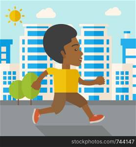 An african-american man jogging on street vector flat design illustration. Lifestyle concept. Square layout.. Jogger.