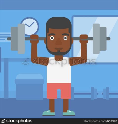 An african-american man lifting a barbell in the gym vector flat design illustration. Square layout.. Man lifting barbell.