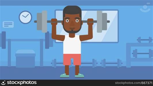 An african-american man lifting a barbell in the gym vector flat design illustration. Horizotal layout.. Man lifting barbell.