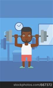 An african-american man lifting a barbell in the gym vector flat design illustration. Vertical layout.. Man lifting barbell.
