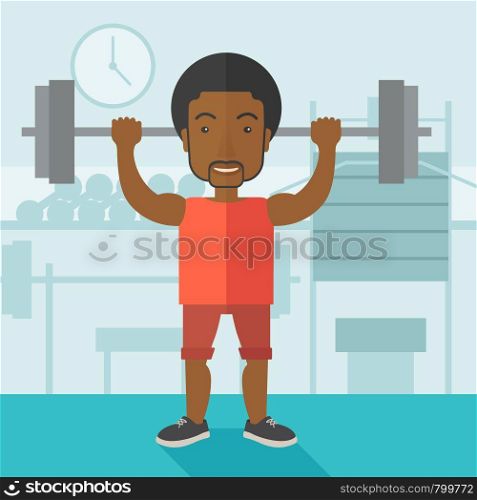 An african-american man lifting a barbell inside the gym vector flat design illustration. Sport concept. Square layout.. Man with barbell.