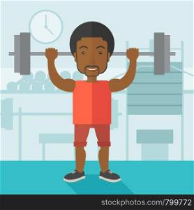 An african-american man lifting a barbell inside the gym vector flat design illustration. Sport concept. Square layout.. Man with barbell.
