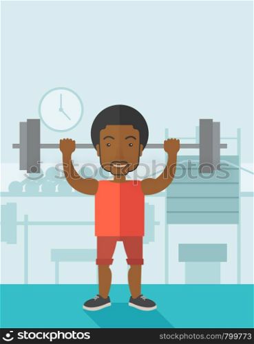 An african-american man lifting a barbell inside the gym vector flat design illustration. Sport concept. Vertical layout with a text space.. Man with barbell.