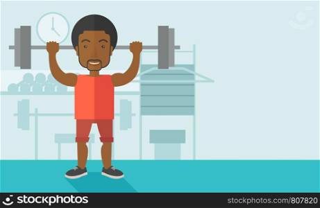 An african-american man lifting a barbell inside the gym vector flat design illustration. Sport concept. Horizontal layout with a text space.. Man with barbell.