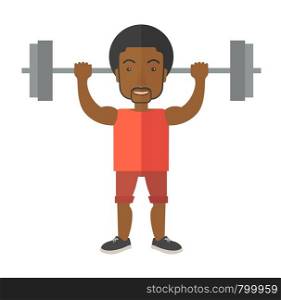 An african-american man lifting a barbell vector flat design illustration isolated on white background. Sport concept. Square layout.. Man with barbell.