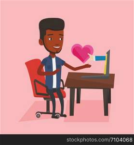 An african-american man looking for online date on the internet. Man using laptop and dating online. Man dating online and getting virtual love message. Vector flat design illustration. Square layout.. Young man dating online using laptop.