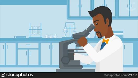 An african-american man looking through a microscope on the background of laboratory vector flat design illustration. Horizontal layout.. Laboratory assistant with microscope.