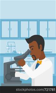 An african-american man looking through a microscope on the background of laboratory vector flat design illustration. Vertical layout.. Laboratory assistant with microscope.
