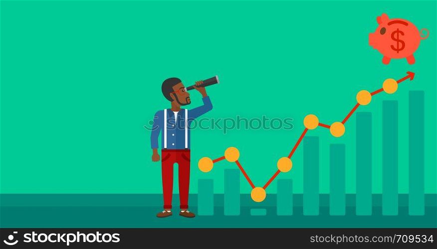 An african-american man looking through spyglass at piggy bank standing at the top of growth graph on a green background vector flat design illustration. Horizontal layout.. Man looking through spyglass at piggy bank.
