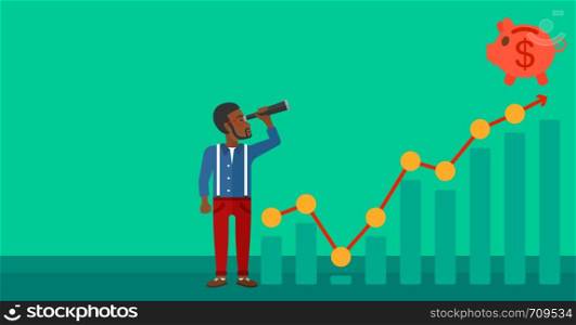 An african-american man looking through spyglass at piggy bank standing at the top of growth graph on a green background vector flat design illustration. Horizontal layout.. Man looking through spyglass at piggy bank.