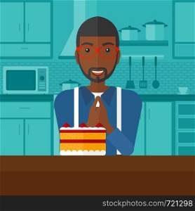 An african-american man looking with passion at a big cake on a kitchen background vector flat design illustration. Square layout.. Man looking at cake.