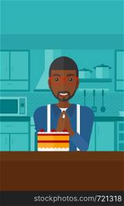 An african-american man looking with passion at a big cake on a kitchen background vector flat design illustration. Vertical layout.. Man looking at cake.