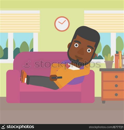 An african-american man lying on a sofa and watching tv with a remote control in his hand vector flat design illustration. Square layout.. Man lying on sofa.
