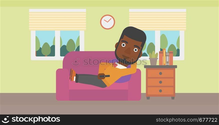 An african-american man lying on a sofa and watching tv with a remote control in his hand vector flat design illustration. Horizontal layout.. Man lying on sofa.
