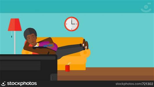 An african-american man lying on a sofa and watching tv with a remote control in his hand and soda on the floor vector flat design illustration. Horizontal layout.. Man lying on sofa.