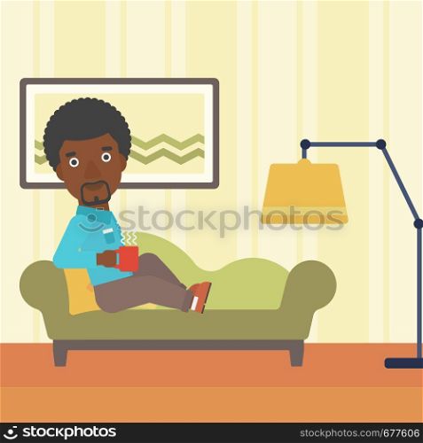 An african-american man lying on sofa in living room and holding a cup of hot flavored tea vector flat design illustration. Square layout.. Man lying with cup of tea.