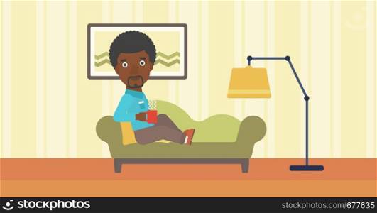 An african-american man lying on sofa in living room and holding a cup of hot flavored tea vector flat design illustration. Horizontal layout.. Man lying with cup of tea.