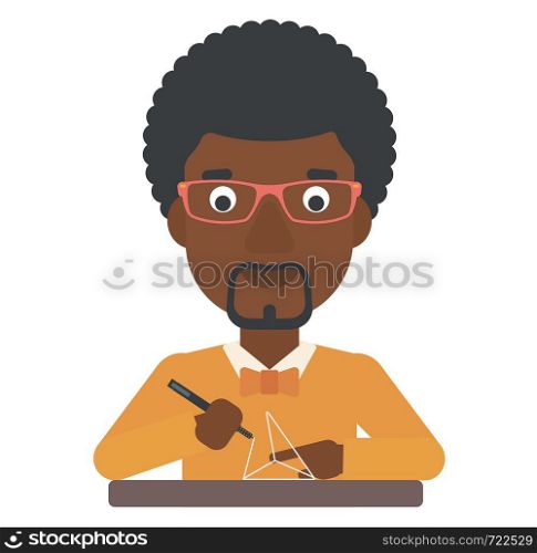 An african-american man making a model with a 3D pen vector flat design illustration isolated on white background. . Man using three D pen.