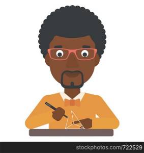An african-american man making a model with a 3D pen vector flat design illustration isolated on white background. . Man using three D pen.