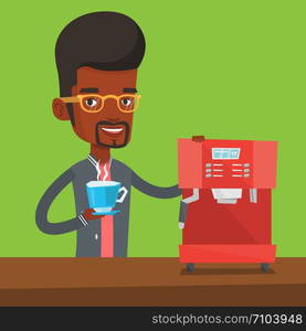 An african-american man making coffee with a coffee-machine. Young man holding cup of hot coffee in hand. Vector flat design illustration. Square layout.. Man making coffee vector illustration.