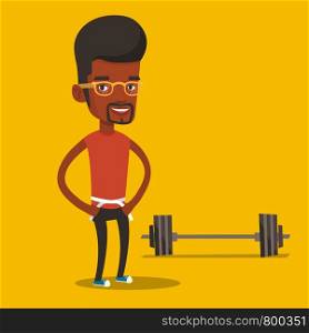 An african-american man measuring his waistline with a tape. Man measuring with tape the abdomen. Happy man with tape on a waist standing near a barbell. Vector flat design illustration. Square layout. Man measuring waist vector illustration.