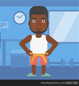 An african-american man measuring his waistline with a tape in the gym vector flat design illustration. Square layout.. Man measuring waist.