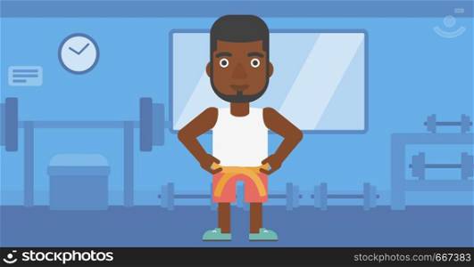 An african-american man measuring his waistline with a tape in the gym vector flat design illustration. Horizontal layout.. Man measuring waist.