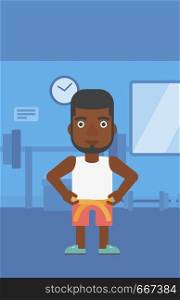 An african-american man measuring his waistline with a tape in the gym vector flat design illustration. Vertical layout.. Man measuring waist.