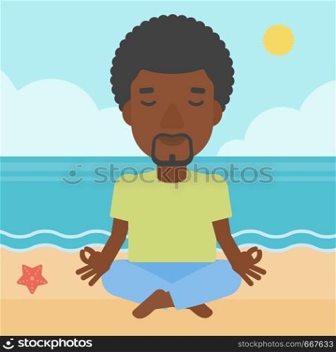 An african-american man meditating in lotus pose on the beach vector flat design illustration. Square layout.. Man meditating in lotus pose.