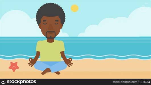 An african-american man meditating in lotus pose on the beach vector flat design illustration. Horizontal layout.. Man meditating in lotus pose.
