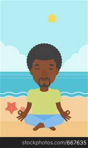 An african-american man meditating in lotus pose on the beach vector flat design illustration. Vertical layout.. Man meditating in lotus pose.