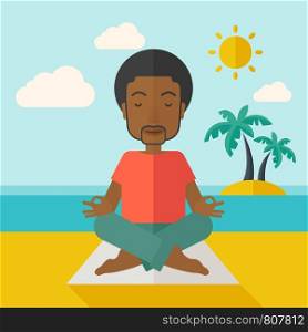 An african-american man meditating in lotus pose on the beach vector flat design illustration. Square layout.. Yoga man