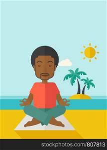 An african-american man meditating in lotus pose on the beach vector flat design illustration. Vertical layout with a text space.. Yoga man