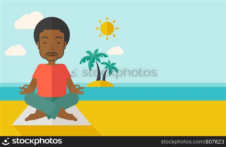 An african-american man meditating in lotus pose on the beach vector flat design illustration. Horizontal layout with a text space.. Yoga man