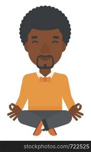 An african-american man meditating in lotus pose vector flat design illustration isolated on white background. . Man practicing yoga.