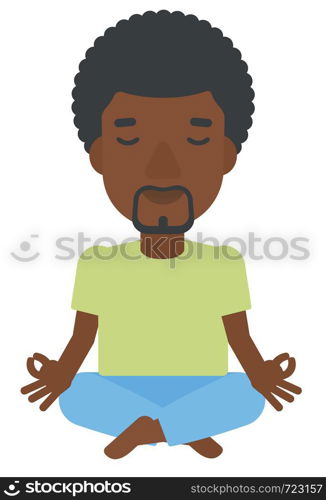 An african-american man meditating in lotus pose vector flat design illustration isolated on white background.. Man meditating in lotus pose.