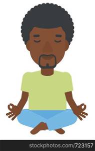 An african-american man meditating in lotus pose vector flat design illustration isolated on white background.. Man meditating in lotus pose.