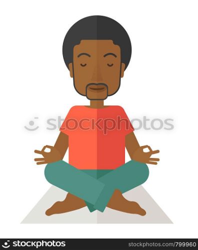 An african-american man meditating in lotus pose vector flat design illustration isolated on white background. Vertical layout with a text space.. Yoga man