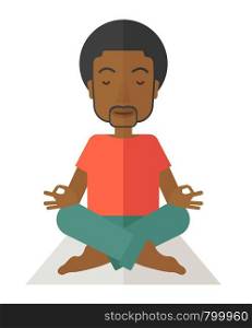 An african-american man meditating in lotus pose vector flat design illustration isolated on white background. Vertical layout with a text space.. Yoga man