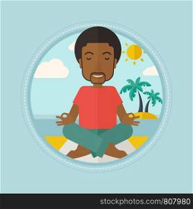 An african-american man meditating in yoga lotus pose on the beach. Happy man relaxing on the beach in the yoga lotus position. Vector flat design illustration in the circle isolated on background.. Man meditating in lotus pose vector illustration.