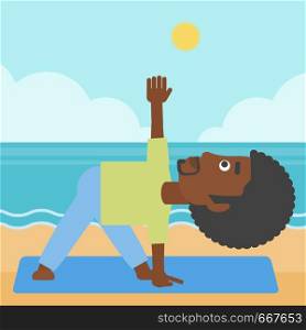 An african-american man meditating in yoga triangle pose on the beach vector flat design illustration. Square layout.. Man practicing yoga.